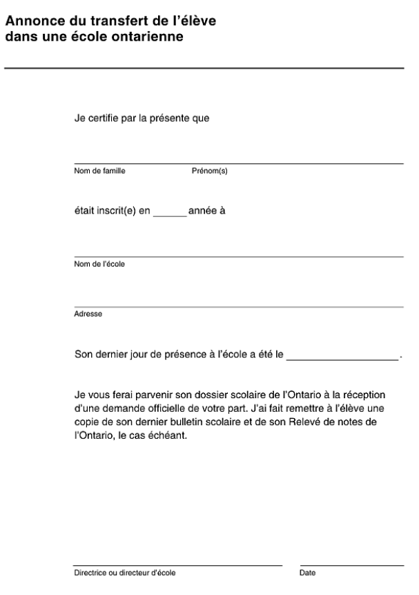 Annonce du transfert de l'élève dans une école ontarienne